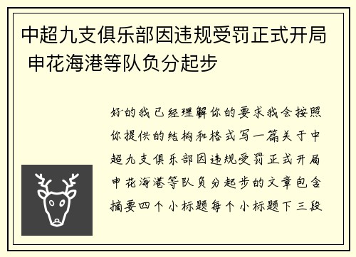 中超九支俱乐部因违规受罚正式开局 申花海港等队负分起步