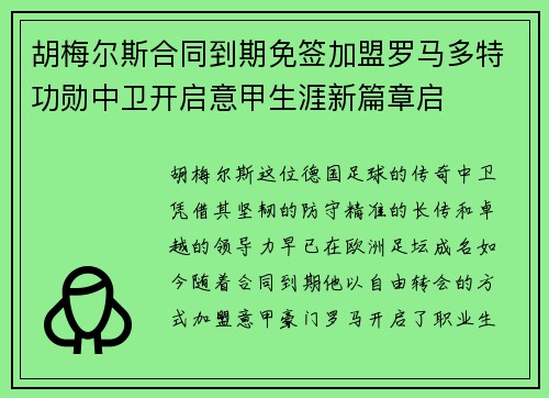 胡梅尔斯合同到期免签加盟罗马多特功勋中卫开启意甲生涯新篇章启